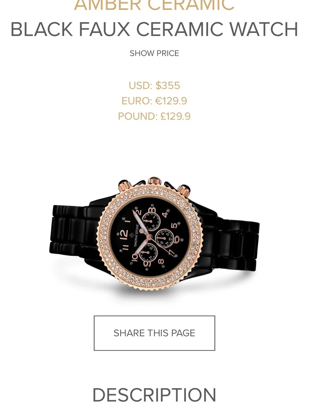 Timothy Stone AMBER CERAMIC BLACK FAUX CERAMIC WATCH Swarovski crystals